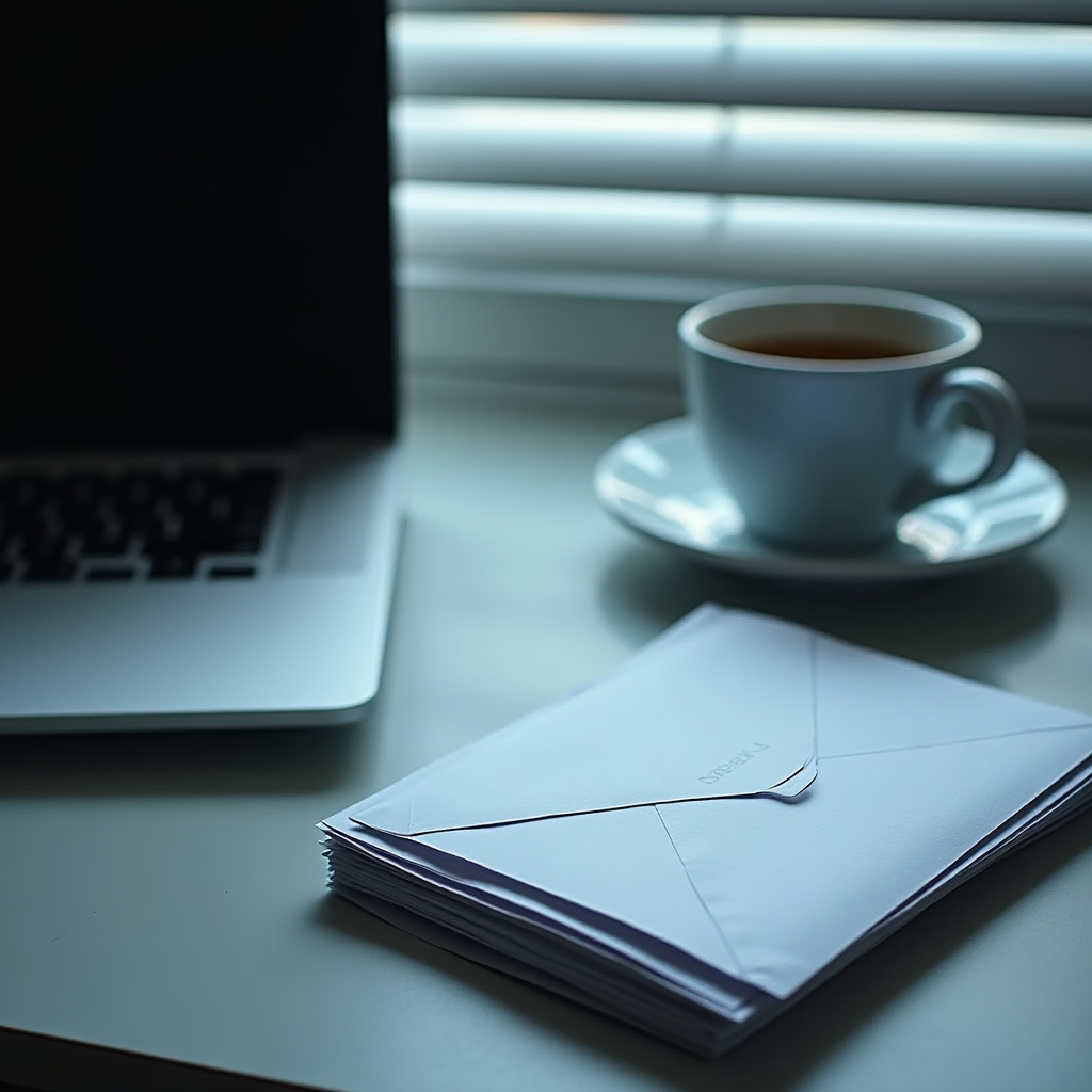 Unopened envelopes and a closed laptop on a desk, symbolizing avoidance of financial matters